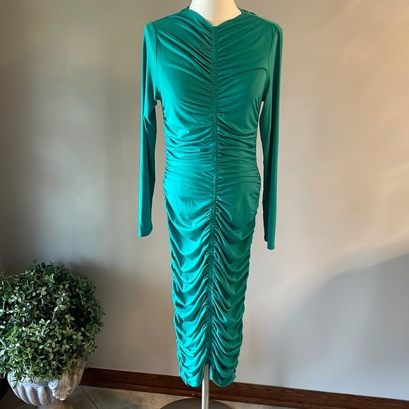Venus RUCHED center front back party cocktail midi dress jersey fitted green M - Picture 2 of 11